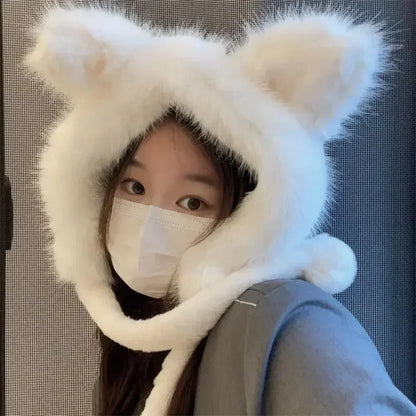 Kawaii Cat Ear Winter Beanie 🐾✨ Fluffy Faux Fur Ski Hat for Spicy Girls 🧣❄️ Cozy Knitted Retro Cap