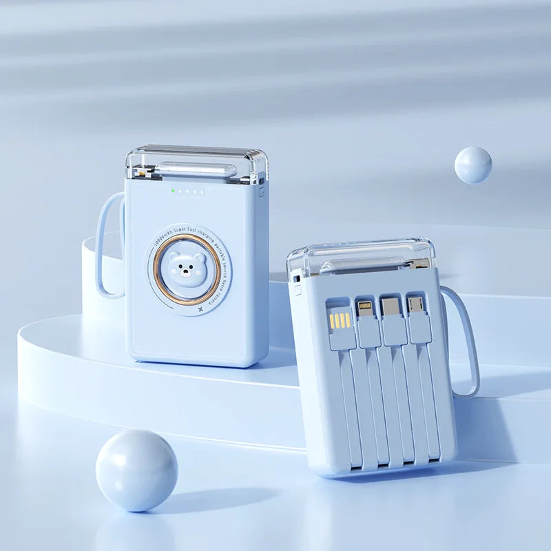 Kawaii 20000mAh Mini Power Bank 🐾✨ Cute Pet Cartoon Design with 4 Built-in Cables & LED Light!
