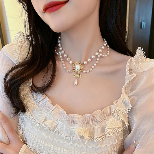 Kawaii Double White Pearl Heart Choker 💖✨ | Adorable Vintage Necklace with Bowknot Pendant for Weddings & Parties!