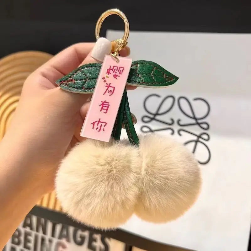Fluffy Rex Rabbit Fur Ball Pompom Leaf Keychain Cherry Charm 🐰🍒✨