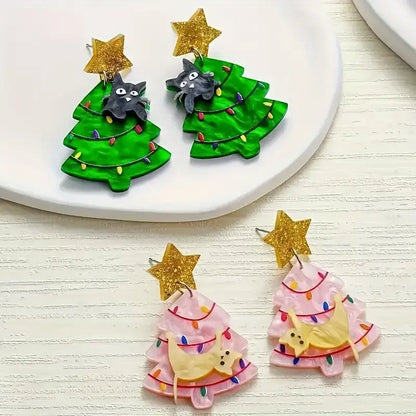 Cute Christmas Tree Dangle Earrings With Star Cat Design 🎄⭐🐱 Acrylic