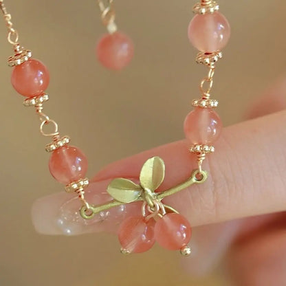 🌸 Charming Orchid & Cherry Beaded Bracelet 🌟 Kawaii Hand Ring for Girls 💖 Trendy Jewelry Accessory