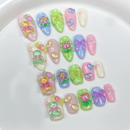 Kawaii 10pcs Candy-Colored Press-On Nails 🌈✨ Cute Bear & Star Crystal Designs 💖 Perfect Korean Fake Nail Tips!