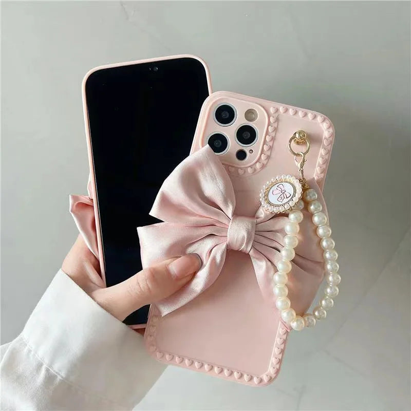 Kawaii Elegance: 3D Bow & Pearl Bracelet Soft Case for iPhone ✨💕