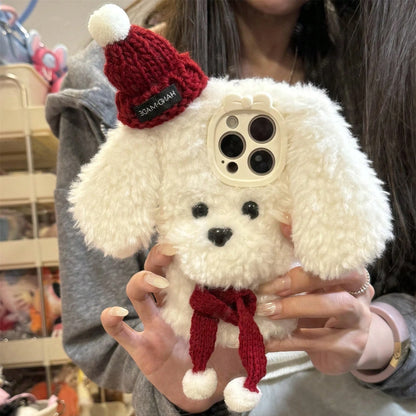 Kawaii Plush Puppy Hat & Scarf Phone Case for iPhone 16 Pro Max 🐶✨ Cute & Cozy Cell Phone Accessory!