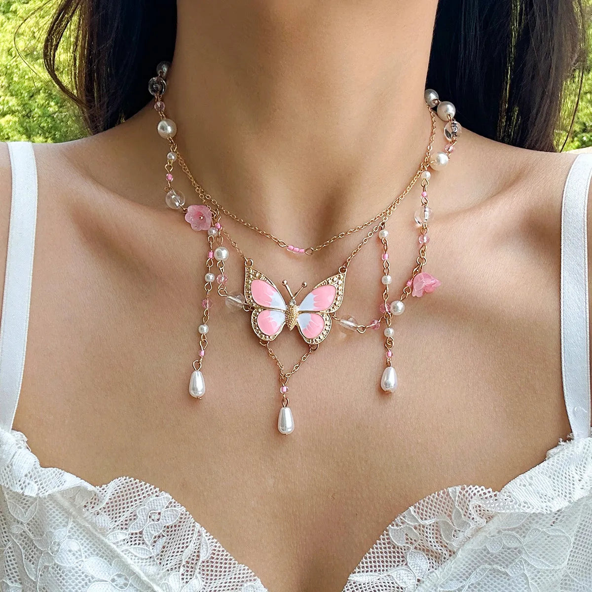 Kawaii Dreamy Butterfly Pearl Choker Necklace 🦋✨ | Trendy Multilayer Crystal Jewelry for Women 2024