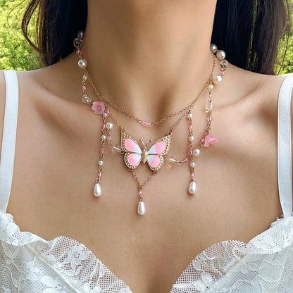 Kawaii Dreamy Butterfly Pearl Choker Necklace 🦋✨ | Trendy Multilayer Crystal Jewelry for Women 2024