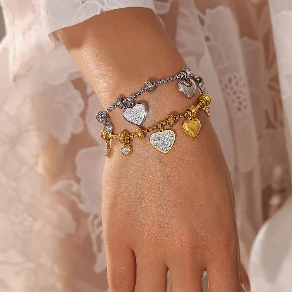 Kawaii Moon & Heart Stainless Steel Charm Bracelet 🌙💖 | Cute Luxury Jewelry Gift for Women 🎁✨