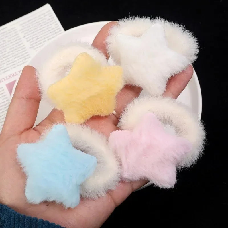 Kawaii Winter Furry Star Hair Ties 🌟✨ Cute Plush Scrunchies for Girls & Women - Colorful, Fashionable Fur Hair Bands! 🎀