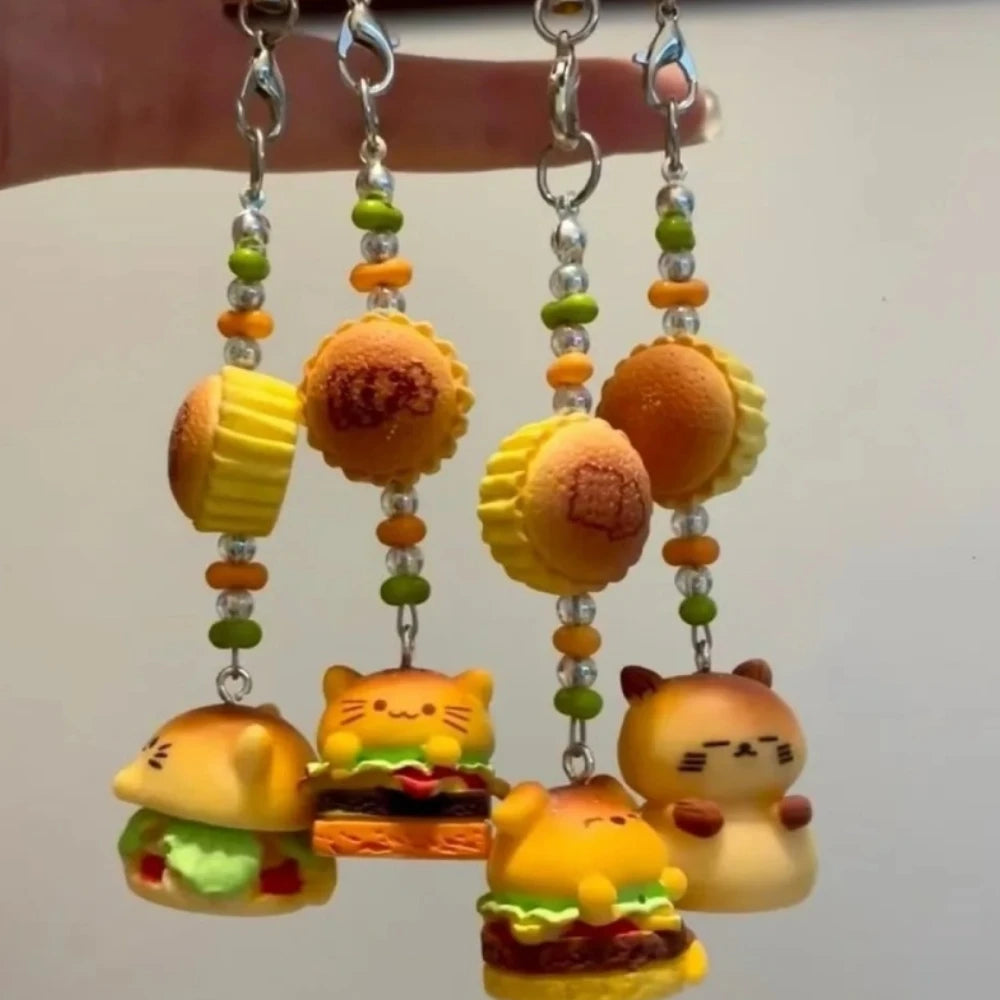 Retro Japanese Trinkets Keychain Lanyard Charm Set Dog Cat Resin 🍔🍰 🐶🐱