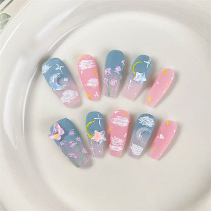 Kawaii Butterfly & Flower Press-On Nails 🌸🐝 | Handmade Reusable Adhesive Fake Nail Art for Women 💅✨