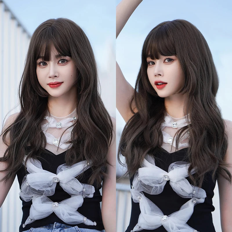 Kawaii Dreamy Sakura Pink Wavy Wig 🌸✨ | High-Density Curly Hair with Bangs for Sweet Girls 💖🎀