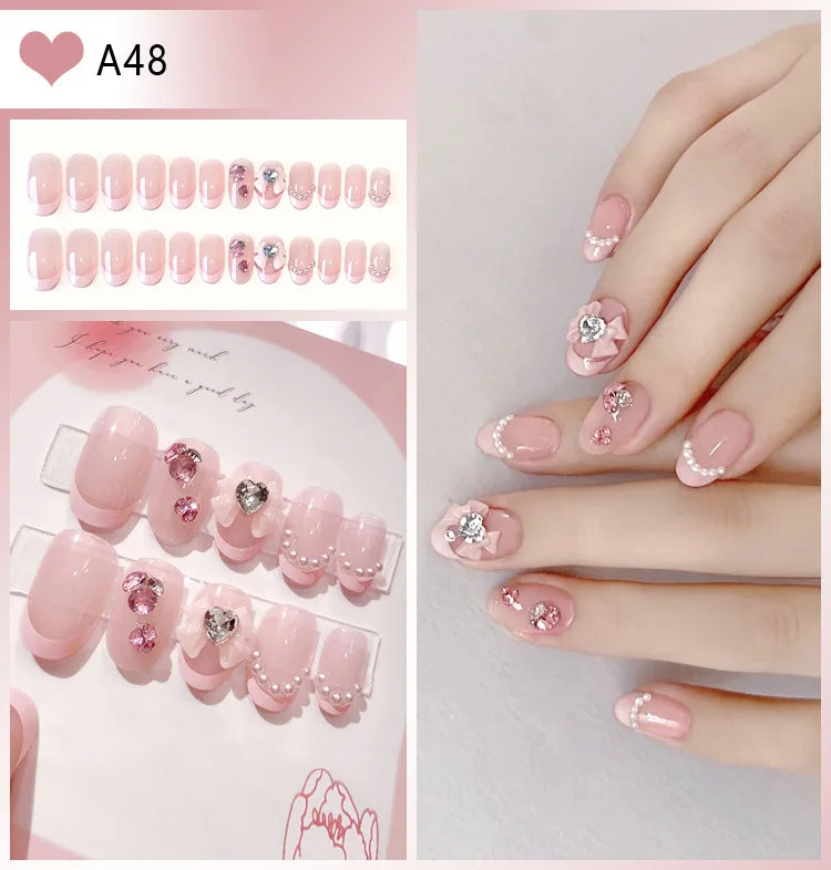 Kawaii Blush Pink 3D Bowknot & Pearl Press-On Nails 💖✨ | 24pcs Adorable Fake Nail Tips for Cute DIY Manicures!