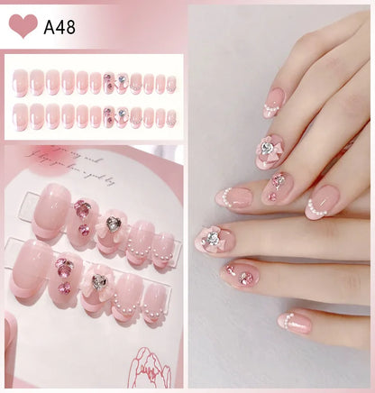 Kawaii Blush Pink 3D Bowknot & Pearl Press-On Nails 💖✨ | 24pcs Adorable Fake Nail Tips for Cute DIY Manicures!