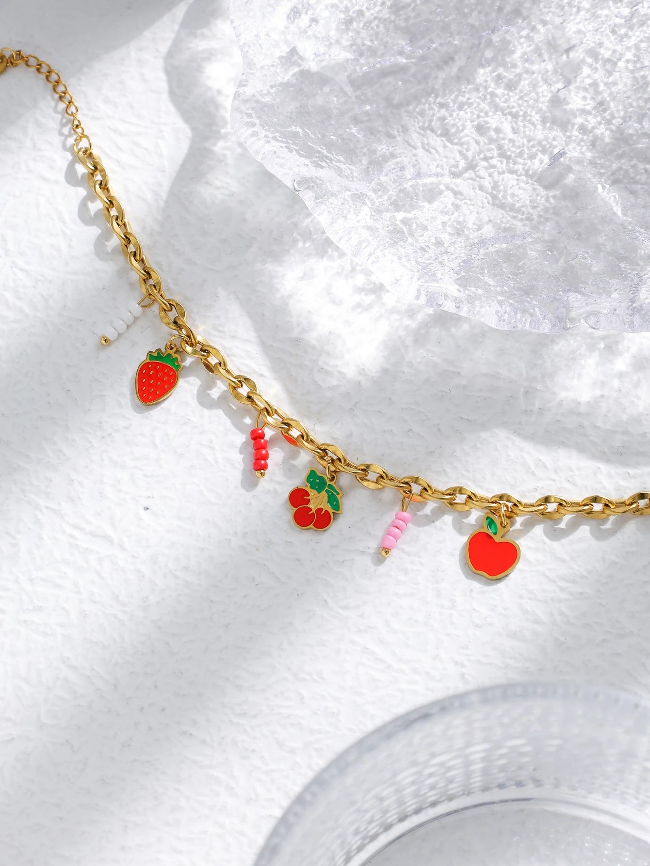 Sweet Charm Bracelet Strawberry Apple Cherry Natural Stone Pendant Jewelry Cute Accessory Girls Gift Party 🍓🍎🍒