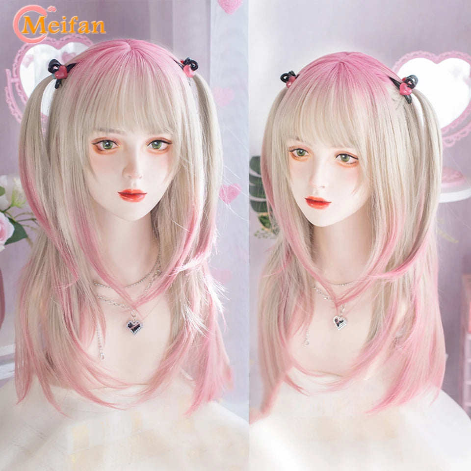 Kawaii Ombre Pink & Blonde Long Straight Wig 🎀✨ - Cute Lolita Cosplay Hair for Parties & Halloween! 🌸🖤