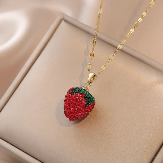 Kawaii Strawberry Zircon Pendant Necklace 🍓✨ | Cute Stainless Steel Jewelry for Her 💖 | Perfect Gift for Lovers!