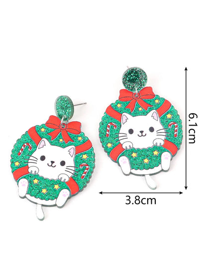 Christmas Acrylic Wreath Drop Earrings Women Dog Cat Glitter Cute New Year 🎄🐶🐱