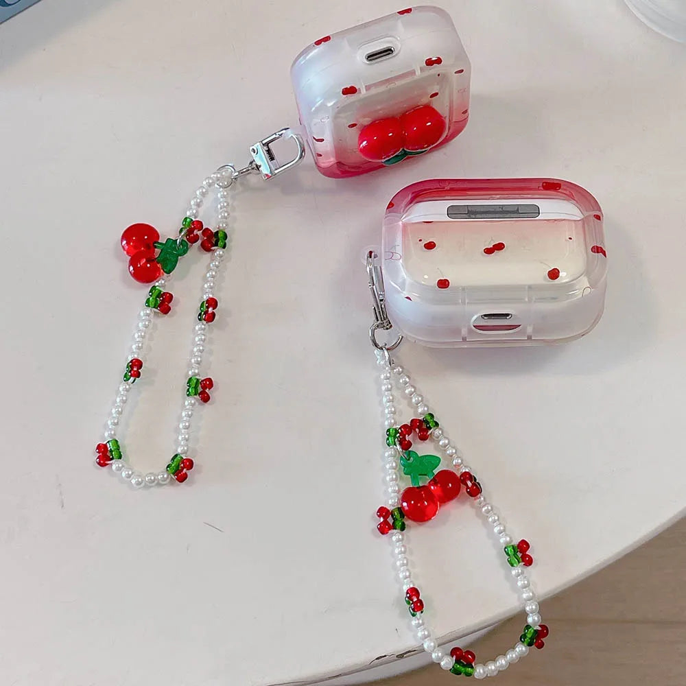 🍒 Adorable 3D Cherry TPU AirPods Case with Pearl Bracelet ✨💕 - Pixie Quill