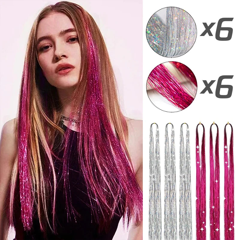 ✨Sparkly Fairy Hair Tinsel Set 🌈12 Shimmering Strands for Whimsical Hairstyles 🎉 Perfect for Parties & Festivals! 🦄✨