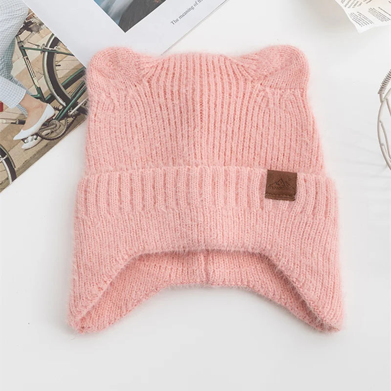 Kawaii Cat Ear Beanie 🐾✨ | Soft Candy Color Knitted Hat for Women - Cozy Faux Fur Winter Fashion 🎀