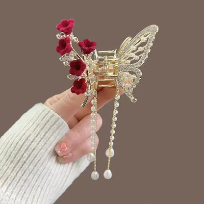 Kawaii Butterfly Pearl Hair Claw 🌸✨ | Cute Red Flower Hairpin for Girls & Women 🎀 | Perfect Festival & Party Accessory!