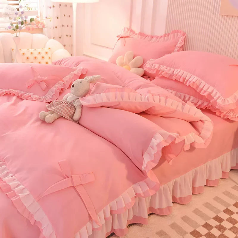 🌟 Kawaii Green Seersucker Bedding Set 🌙 4-Piece Princess Duvet & Pillowcase - Cute Home Decor! 🛏️💚