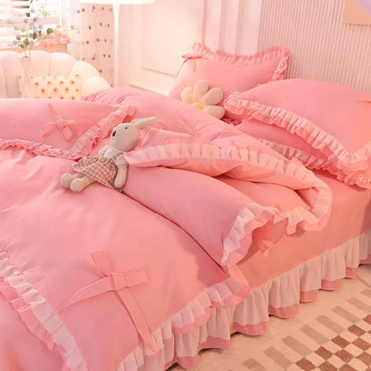 🌟 Kawaii Green Seersucker Bedding Set 🌙 4-Piece Princess Duvet & Pillowcase - Cute Home Decor! 🛏️💚