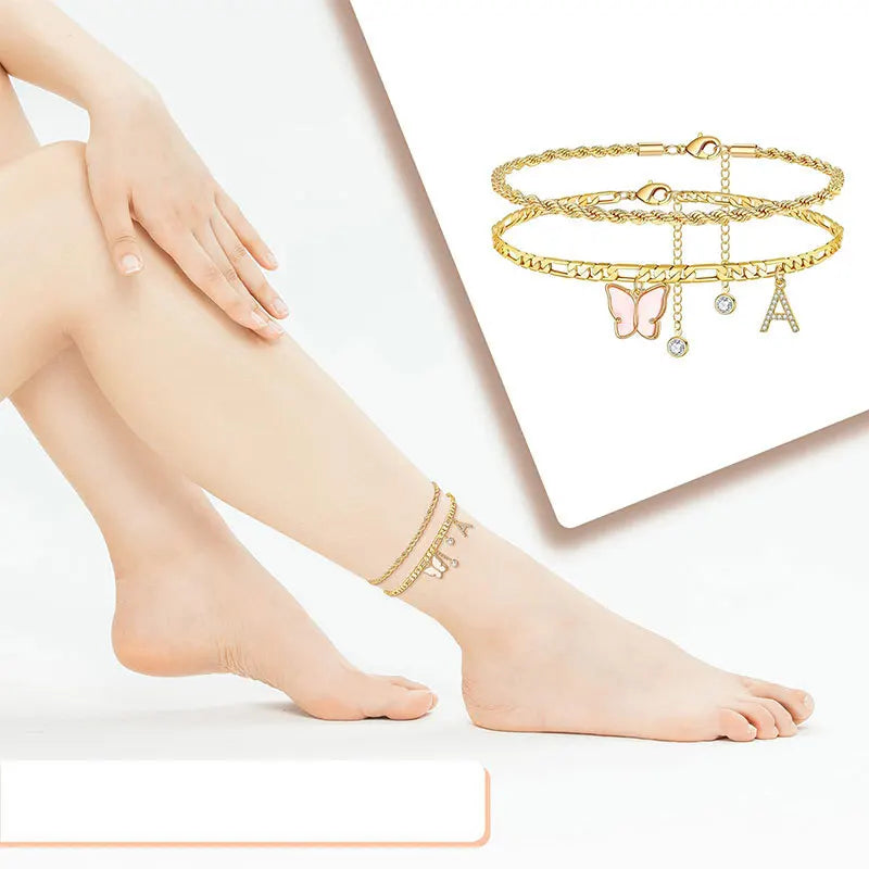 Kawaii 2Pcs Stainless Steel Initial Anklet Set 🌼✨ | 26 Letter Acrylic Butterfly Charm Foot Jewelry 🦋💖