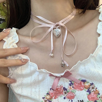 ✨Sweet Peach Heart Vibes 💖 Rope Ribbon Pendant Necklace for Trendy Ladies! 🌟