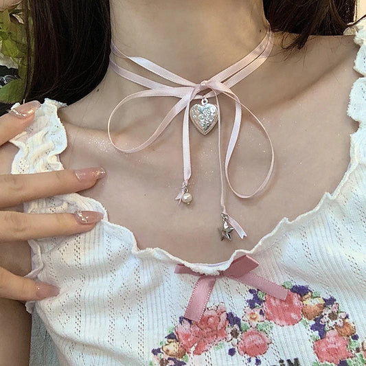 ✨Sweet Peach Heart Vibes 💖 Rope Ribbon Pendant Necklace for Trendy Ladies! 🌟