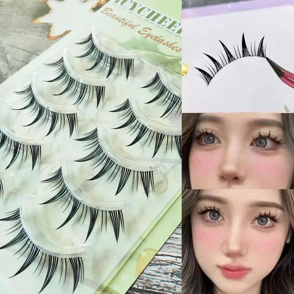 Whimsical Cat Eye False Eyelashes 5 Pairs Natural Long Cross Strip Lashes For Cosplay Manga Look Handmade 💖✨