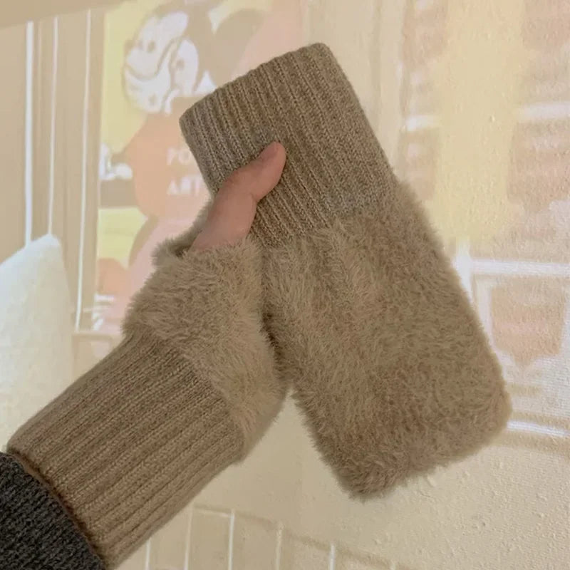 Cozy Plush Knit Fingerless Gloves For Women Warm White Wrist Mittens ❄️