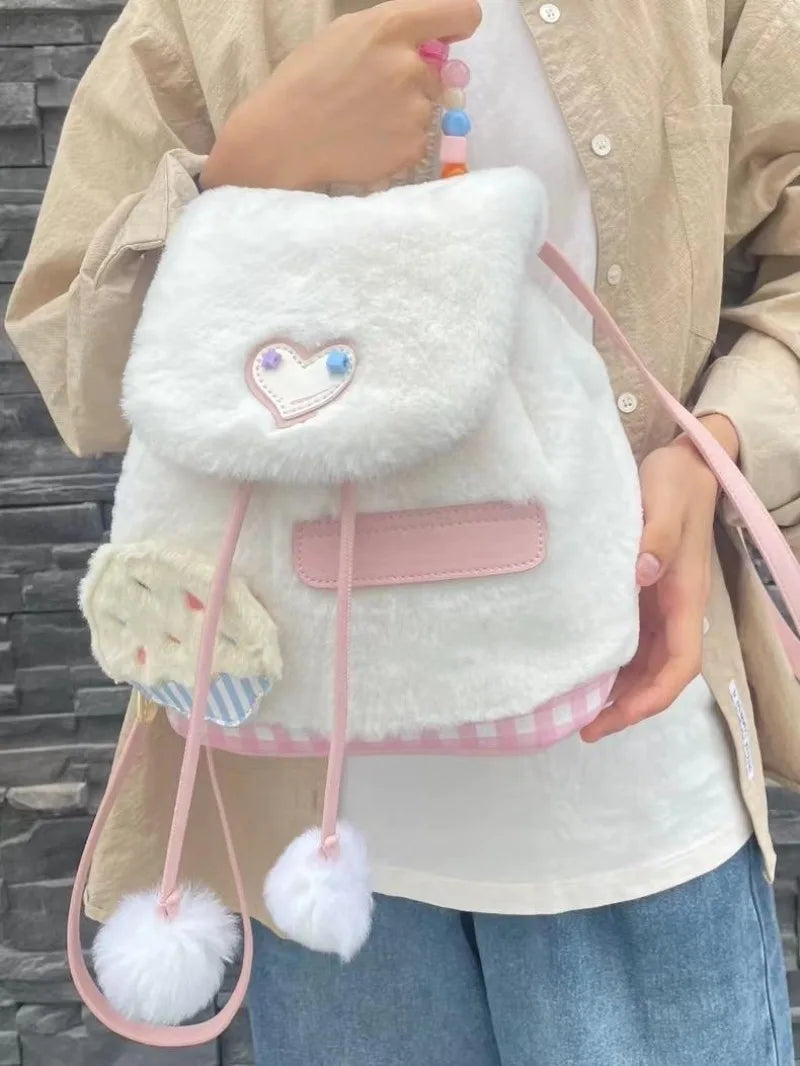 Kawaii Plush Heart Plaid Backpack 🎒✨ Cute Mochila for Students & Commuters 💖 All-match Women's School Bag!