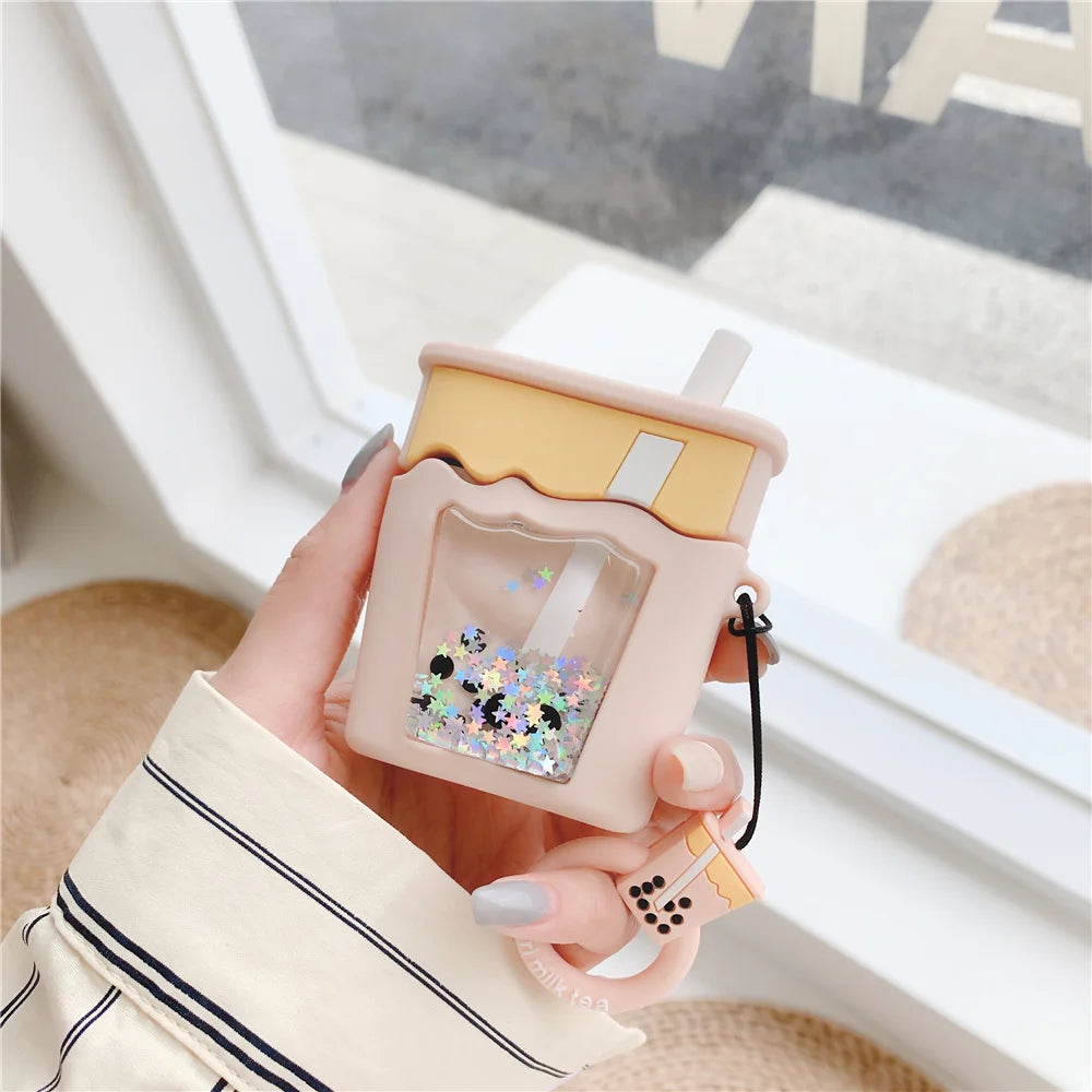 Kawaii Quicksand Glitter Bubble Milk Tea AirPods Pro Case 🌟🍵 | Cute 3D Silicone Cover for Wireless Earphones 🎧✨