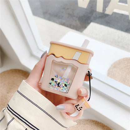 Kawaii Quicksand Glitter Bubble Milk Tea AirPods Pro Case 🌟🍵 | Cute 3D Silicone Cover for Wireless Earphones 🎧✨