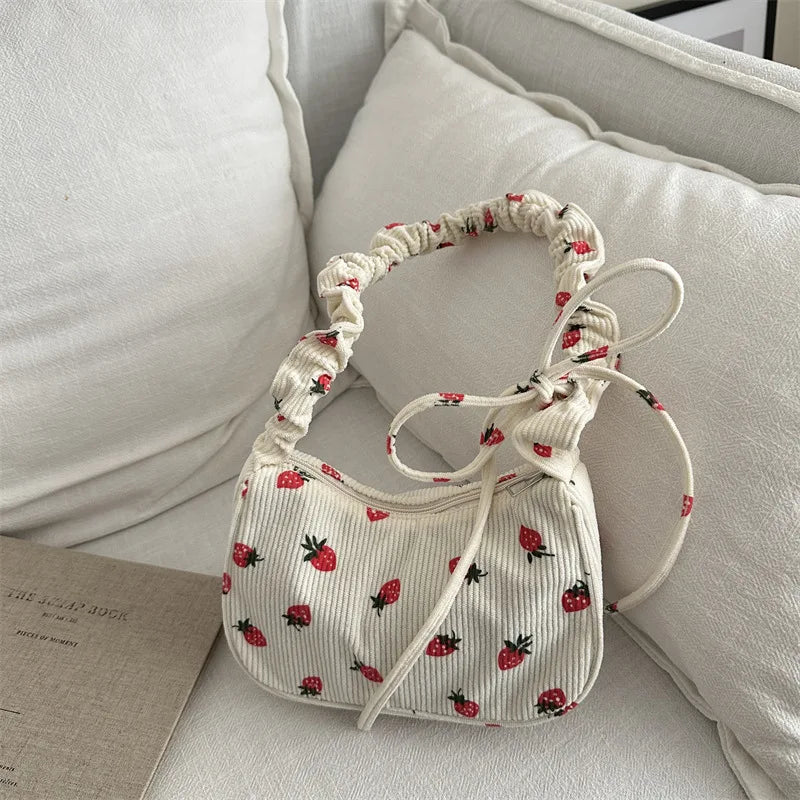 🍓 Adorable Mini Half Moon Strawberry Tote 🌼 Corduroy Shoulder Bag for Fun Outings! 👜 - Pixie Quill