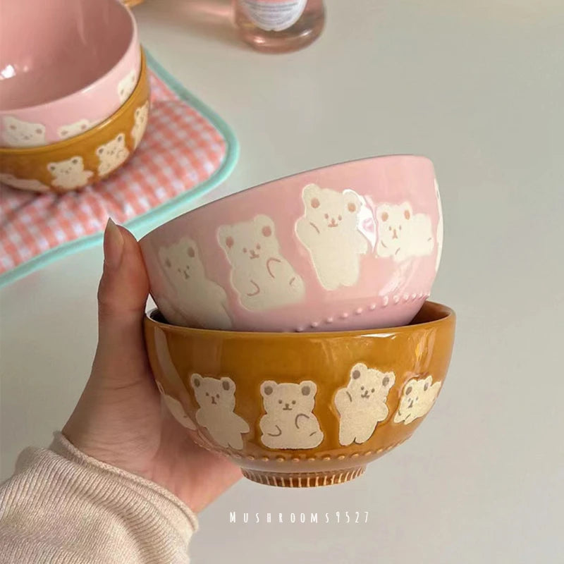 Adorable Pink Bear Embossed Ceramic Snack Bowl 🐻🍚✨