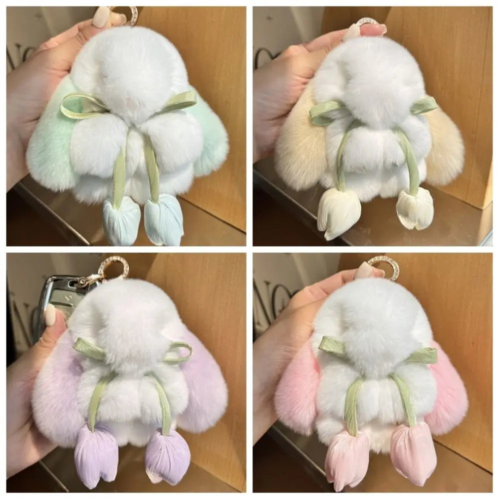 Fashion Tulips Rabbit Fur Keychain Alloy Ring Bag Charm Plush Bunny Pendant 🐰✨