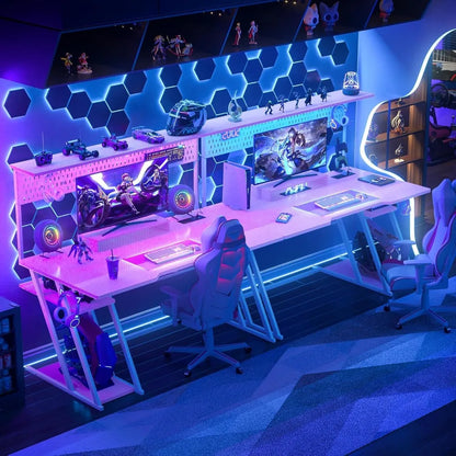 Kawaii Pink Gaming Desk 🌸✨ with LED Lights, Storage Shelves & Pegboard | Perfect for Gamers 🎮💖