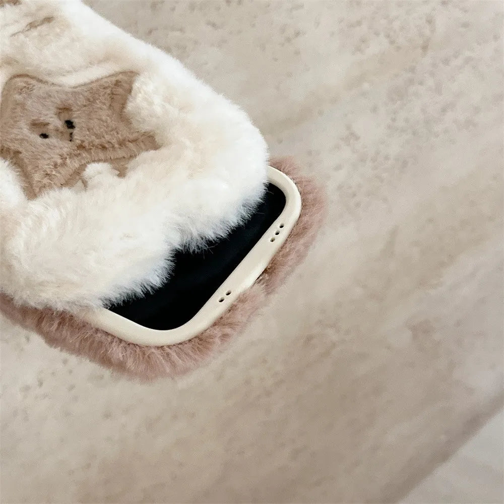 Kawaii Plush Star & Moon iPhone Case 🌙✨ | Fluffy Furry Cover for iPhone 14 15 16 Plus 13 Pro Max 11 12 | Cute Winter Accessory!