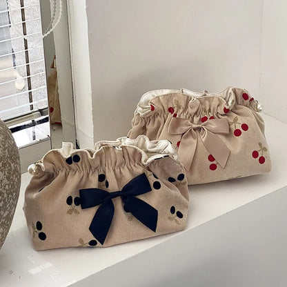 Cherry Print Corduroy Cosmetic Bag For Women Large Capacity Travel Case 💄👜