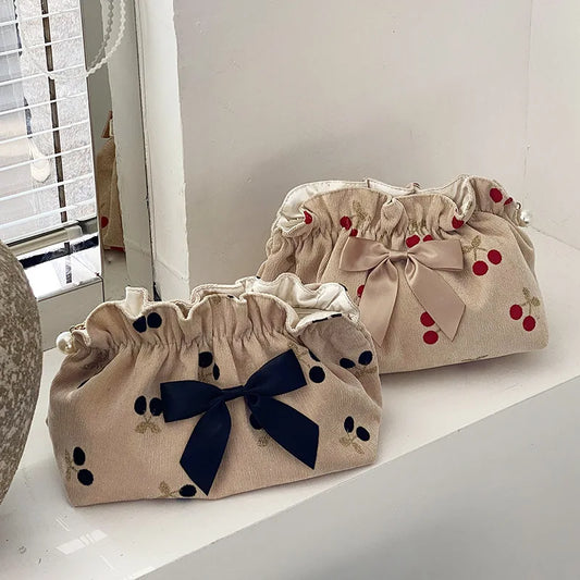 Cherry Print Corduroy Cosmetic Bag For Women Large Capacity Travel Case 💄👜