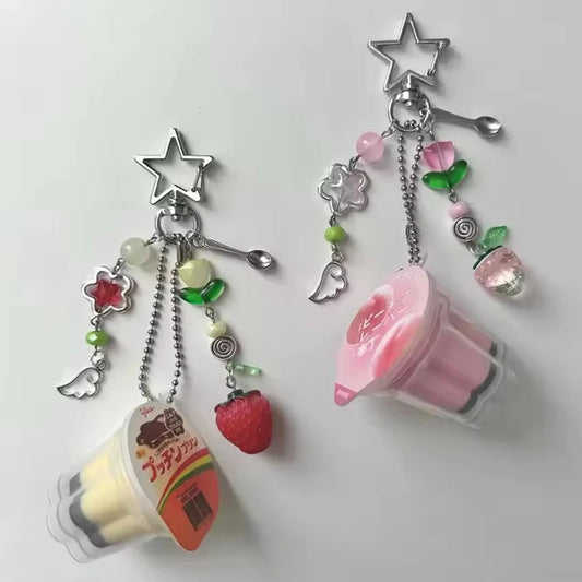 Pastel Pudding Keychain Beaded Charm Y2K Heisei Retro Aesthetic Cute Egg Flan Accessory 🍮✨🎀