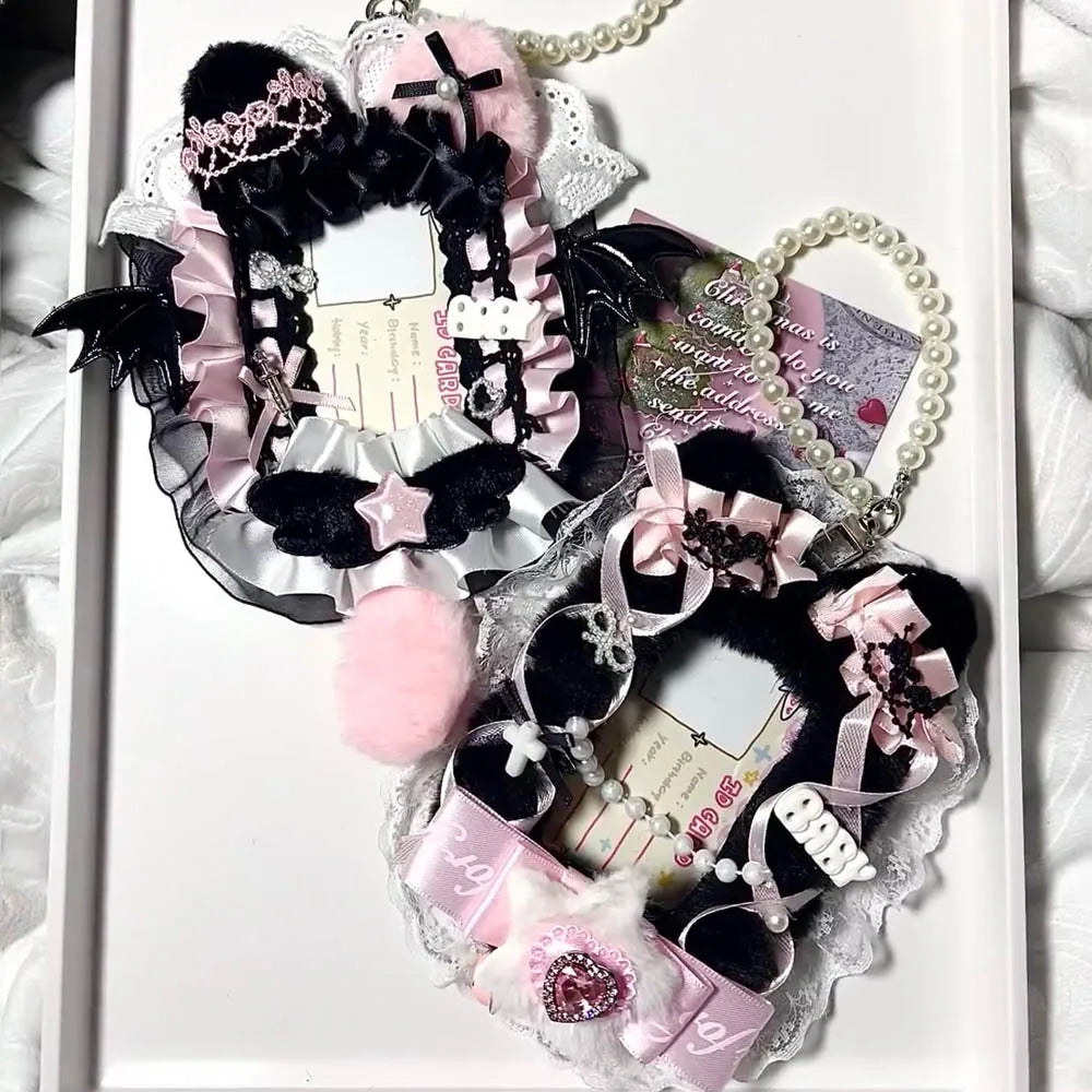 Kpop Idol Photo Holder Poker Storage Decor with Lace and Ribbon Plush Ears Cute Photocard Top Loader