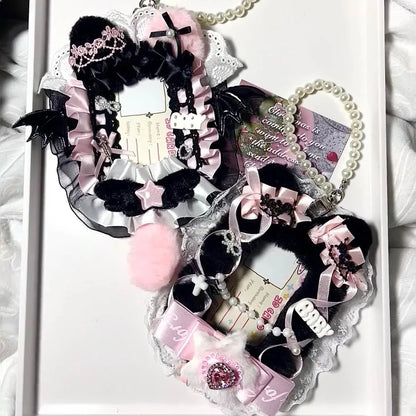 Kpop Idol Photo Holder Poker Storage Decor with Lace and Ribbon Plush Ears Cute Photocard Top Loader
