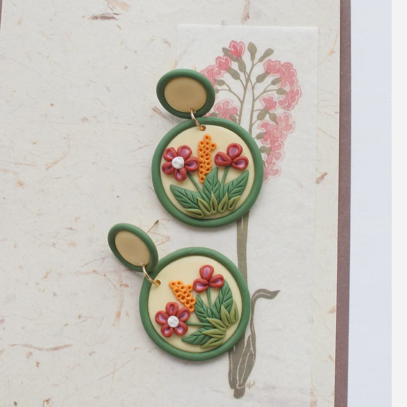 Handmade Crafts Flowers Circle Floral Multi Colors Ethnic Nature Round Polymer Clay Dangle Earrings Sets For Women Gifts