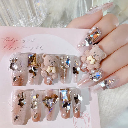 Kawaii Glittery Bear & Rabbit Press-On Nails 🎀✨ - 24Pcs Luxury Rhinestone False Nails with Jelly Glue! 🐻🐰💖