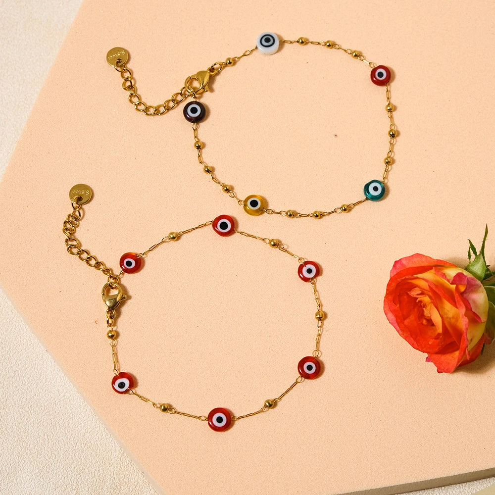 Pastel Chibi Devil's Eye Beads Stainless Steel Bracelet For Women 14K Plated Chain Jewelry Daily Wear 🧿💗🎀