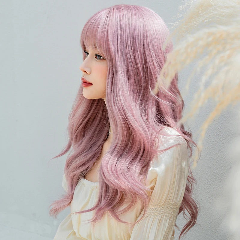 Kawaii Dreamy Sakura Pink Wavy Wig 🌸✨ | High-Density Curly Hair with Bangs for Sweet Girls 💖🎀